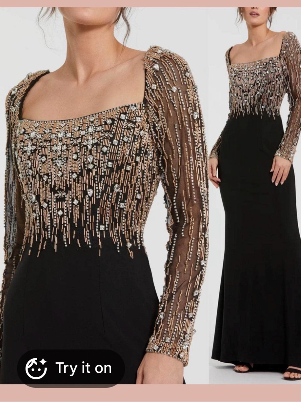 Mac Duggal Black Evening Gown with Gold Beaded Bodice NWT. Never worn